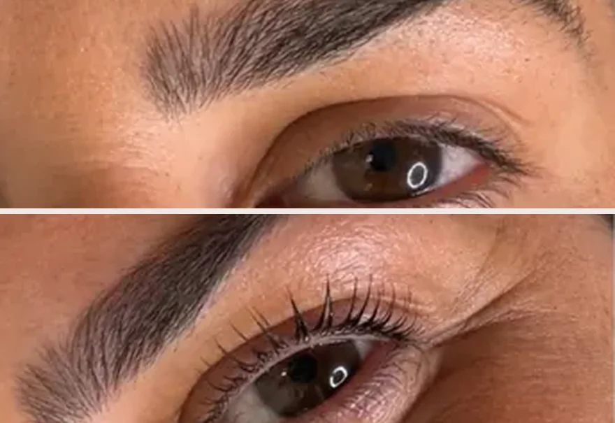 Antes e depois de um lifting de pestanas: pestanas naturais levantadas e curvadas