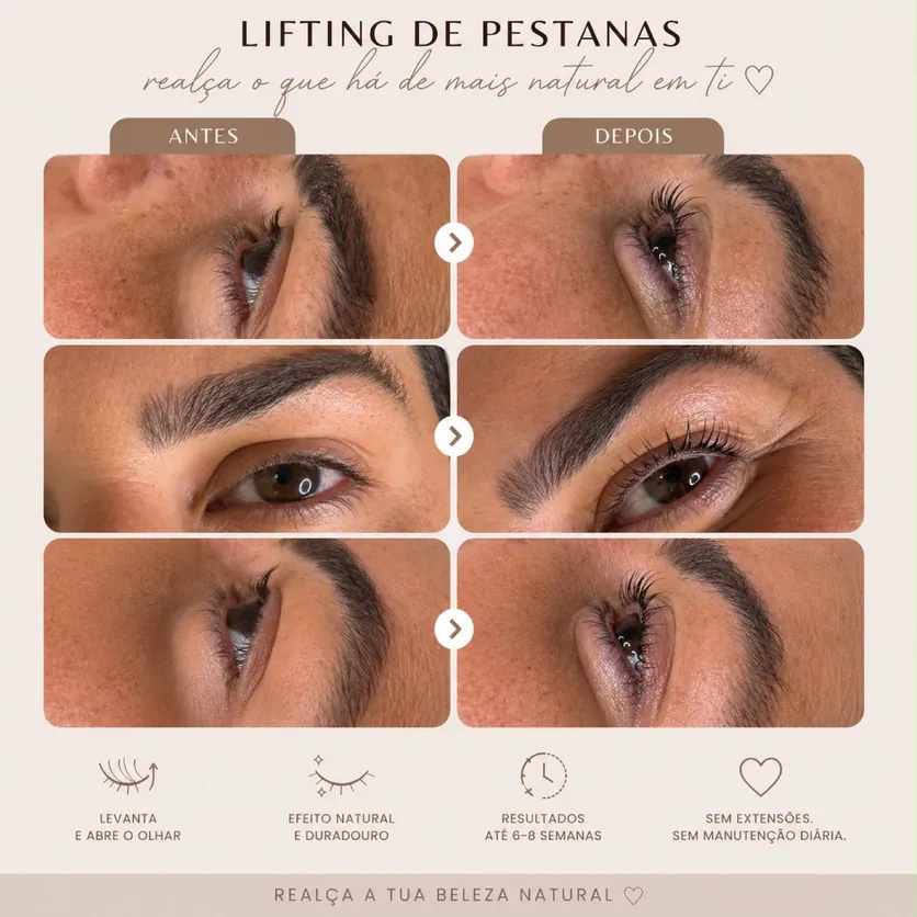 Lifting de pestanas, pestanas naturais levantadas e curvadas